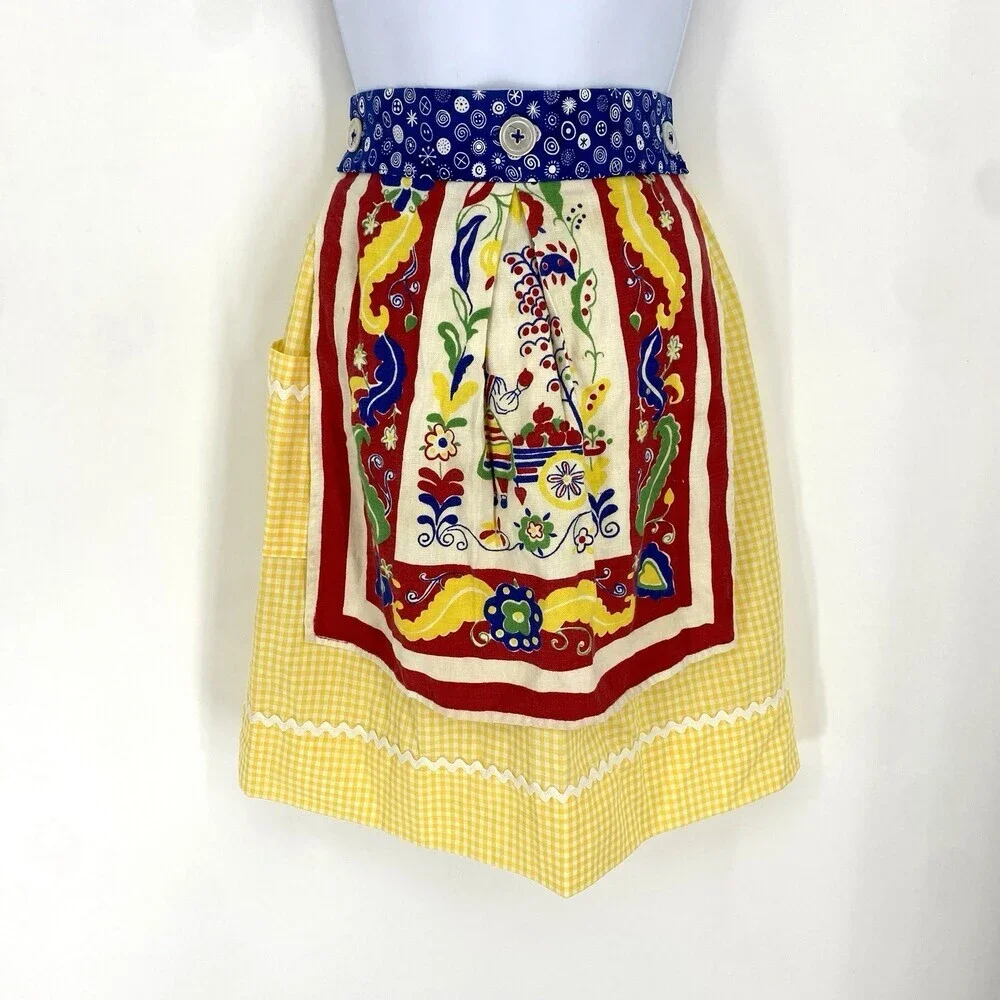 Vintage Novelty Tea Towel Half Apron Yellow Gingham Rick Rack Pocket Cute Retro